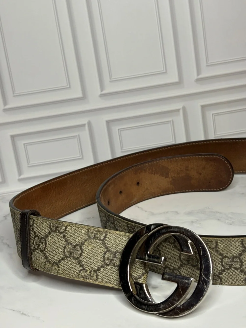 Gucci Beige/Brown GG Monogram Belt with Silver Double G Buckle